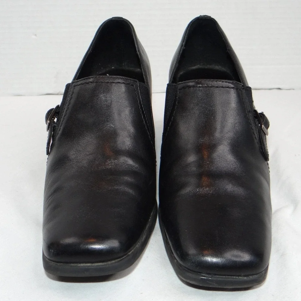Liz Baker Black Leather Ankle Booties Block Heel Buckle‎ Slip On Women 7.5 M B